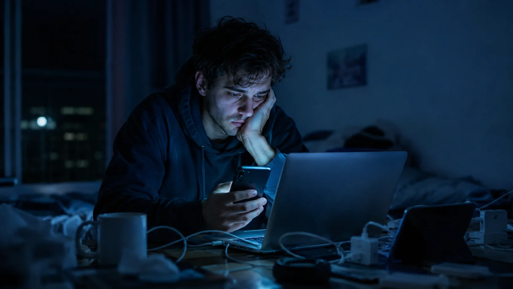 Молодой человек ночью сидит за столом перед ноутбуком и смартфоном, выглядит уставшим и поглощённым, окружён кабелями и устройствами, символизируя зависимость от интернета.